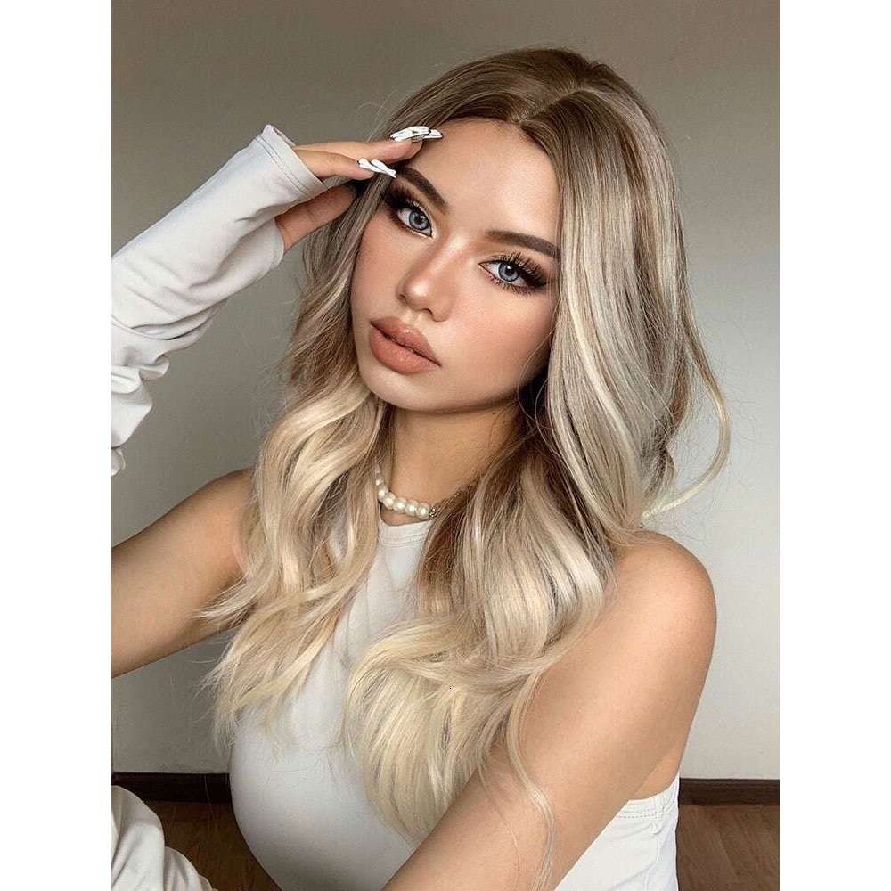 Highlight Synthetic Lace Front Dark Ash Blonde Layered Wavy Wig Human Hair Wigs 10% Mixed Heat Resistant Daily Cosplay