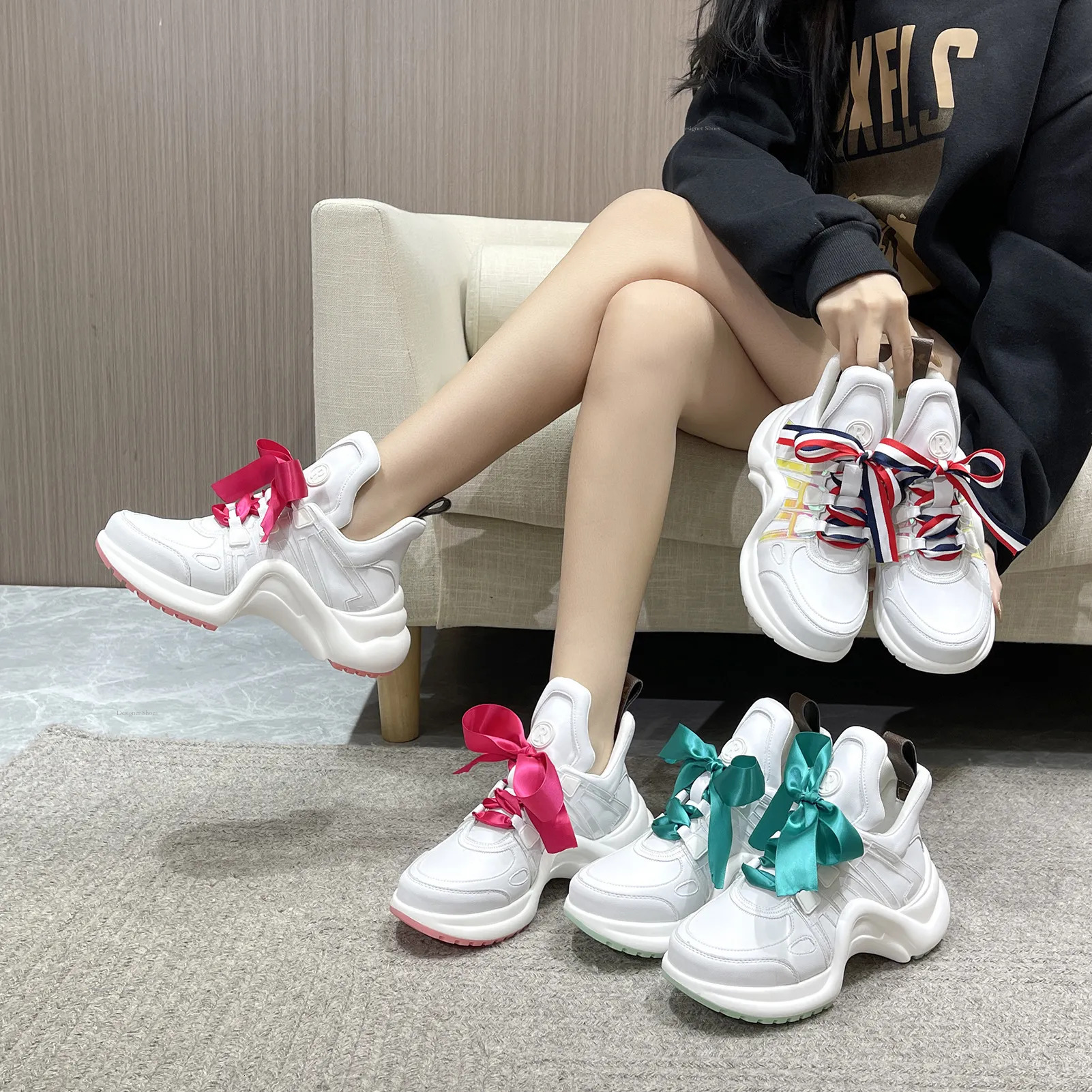 Dad Instagram Bow Trendy Women's 2023 New Popular Thick Sole Height Increasing Sports Slimming Leather Casual Shoes