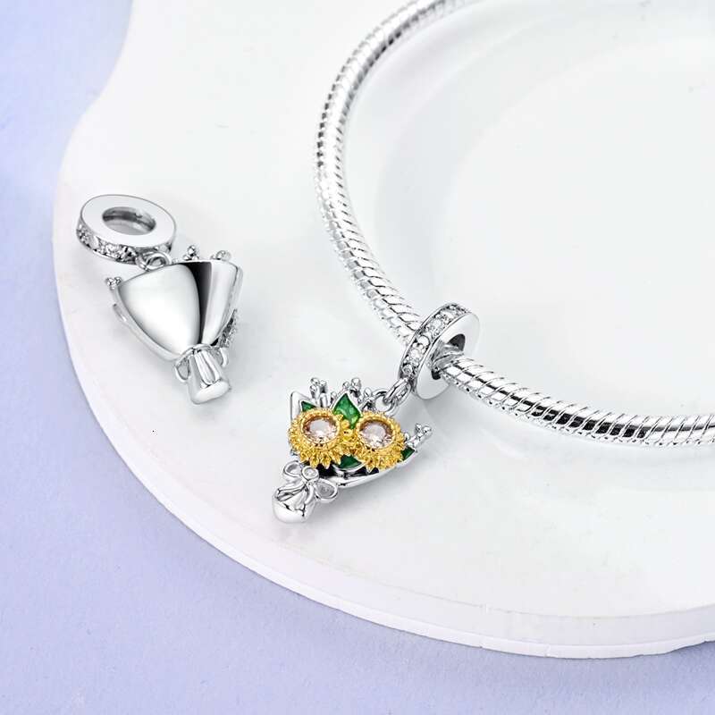 Fit Original Bracelets 925 Sterling Silver Butterfly Lavender Sunflower Cone Tulip Plant Charms Beads DIY Jewelry
