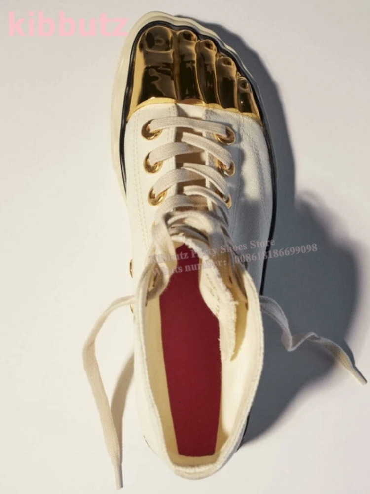 Five Finger Canvas Golden Brass Lace-Up Round Toe Height Increasing Fashion Sexy Novelty Concise Women Shoes Newest