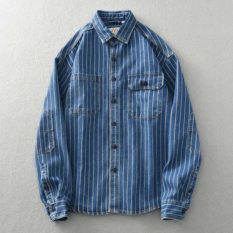 Japanese retro washed vertical striped denim shirt mens loose plus size cotton long sleeved jacket W240914