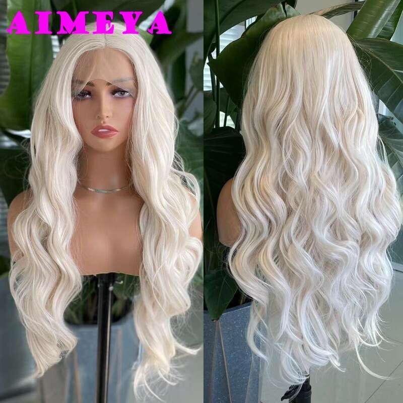AIMEYA Platinum Blonde Synthetic Lace Front Wig Long Body Wave Natural Haire Wigs Heat Resistant Fiber Hair Daily Use Csplay