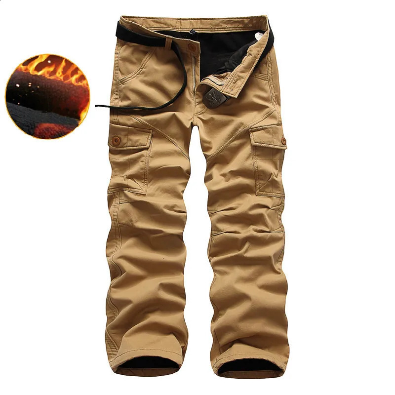 Winter Inner Fleece Pants Men Multi-Pocket Solid Cargo Camo Combat Work Casual Military Army Trousers Man without Belt CP03 240911