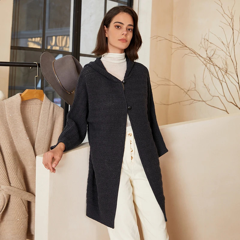BC309 Thick 100% Pure Wool Button Hooded Knit MidLength Sweater Coat For Women Hoodie Cardigan Clothes 240904