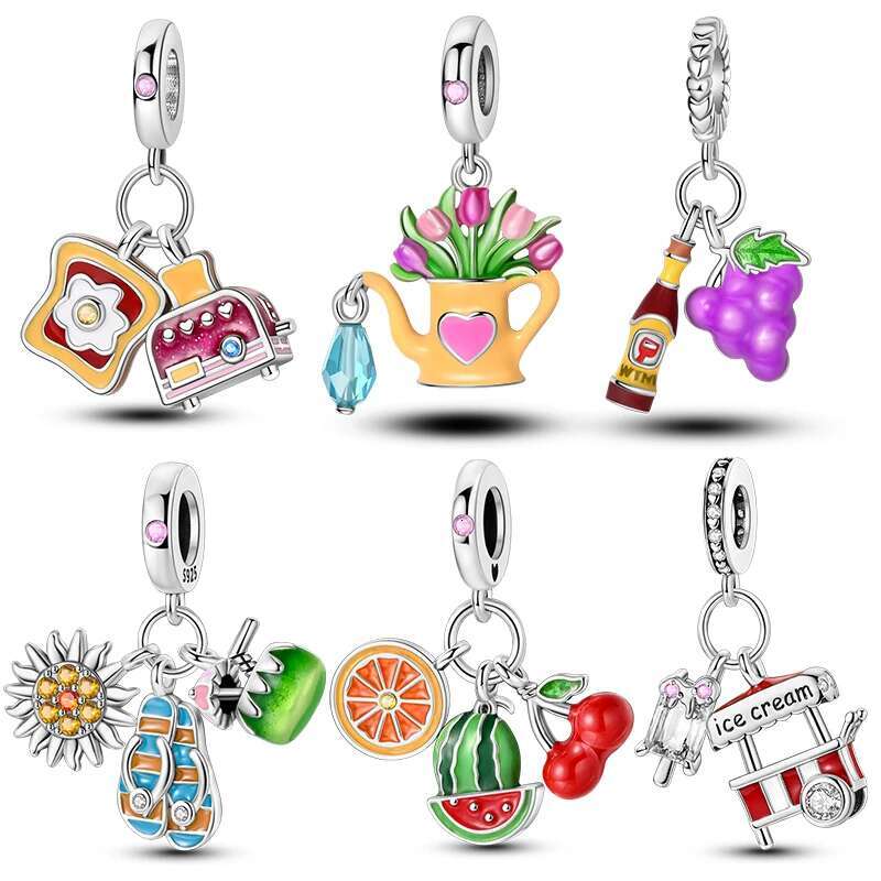 925 Sterling Silver Summer Style Charms ice cream Fruits toaster Bead Pendant Fit Original Bracelet Charm DIY Jewelry