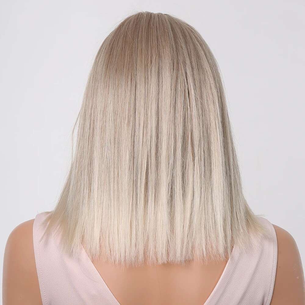 14" Short Straight Women Ombre Ash Blonde Highlights Synthetic Wigs Cute Bob Wig For Cosplay/Daily Heat Resistant Fiber