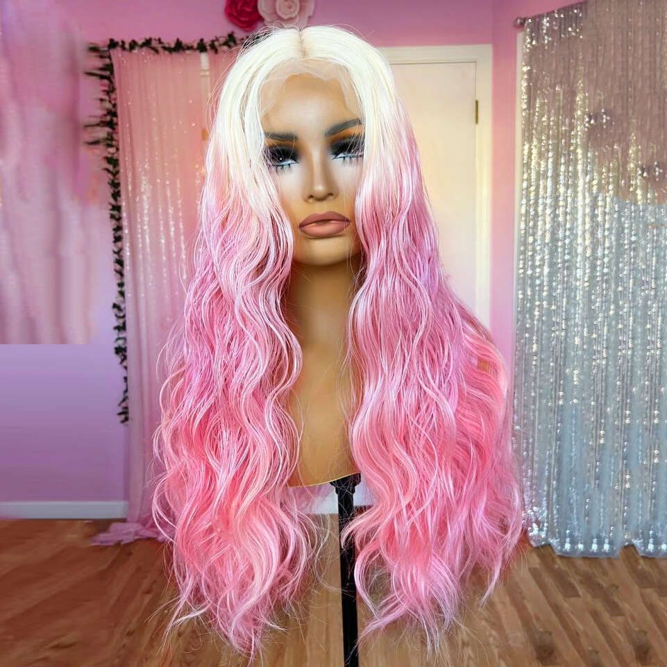 AIMEYA Ombre Platinum To Long Natural Wave Synthetic Lace Front Loose Curly Blonde Pink Wig Light Roots