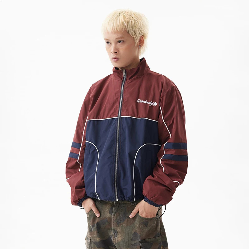 PFNW American Contrast Color Striped Jacket Mens Lazy Sports Style Outdoor Stand Collar Zipper Trend Tops Autumn 28W4761 240905
