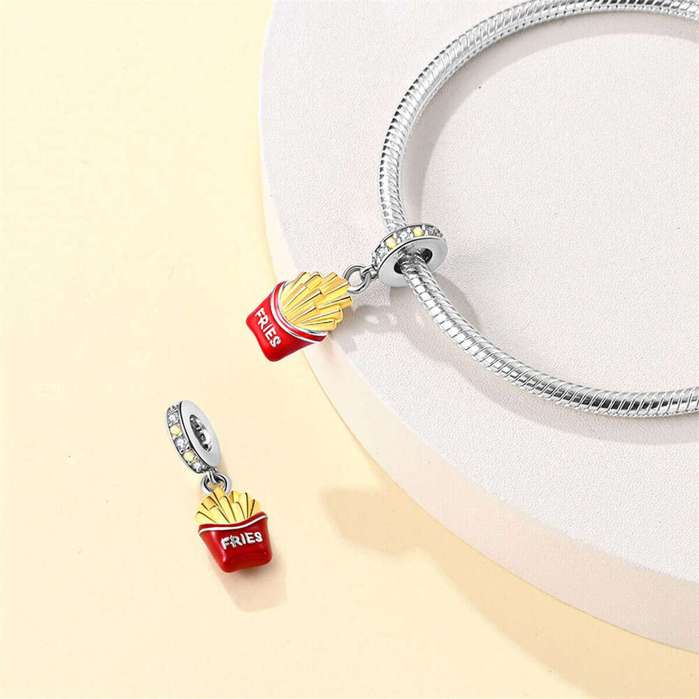 925 Sterling Silver Chocolate Pizza Cake Fries Food Charms Beads Fit Original Bracelets DIY Cute Jewelry Gifts