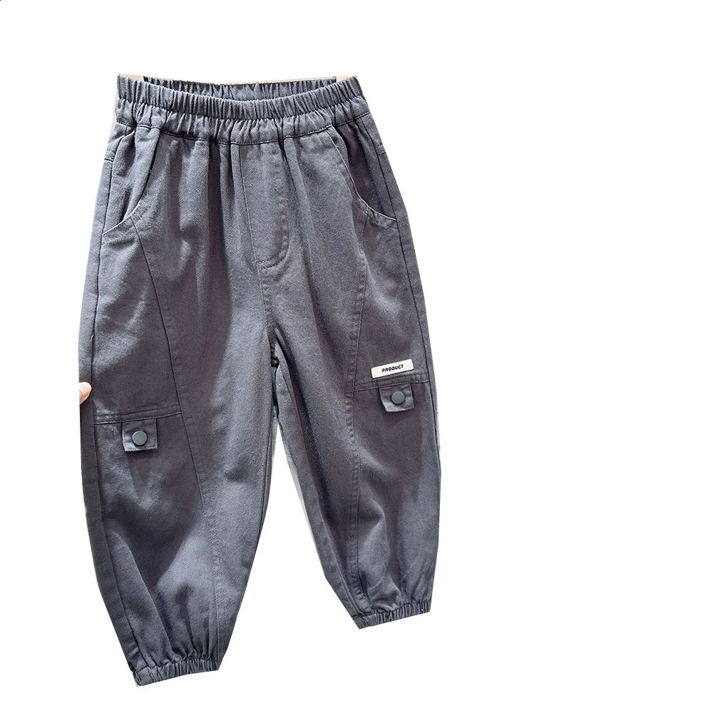 Spring Autumn Children Boys Cargo Pants Elastic Pockets Solid Kid Boys Jogger Pants Letter Sticker Student Boys Trousers 240906