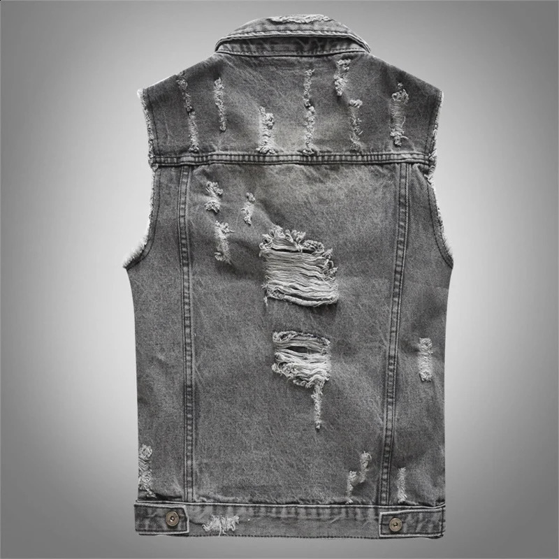 DIMUSI Spring Vintage Mens Denim Vest Male Retro Sleeveless Jackets Men Ripped Hole Button Jean Waistcoats Clothing 5XL 240912