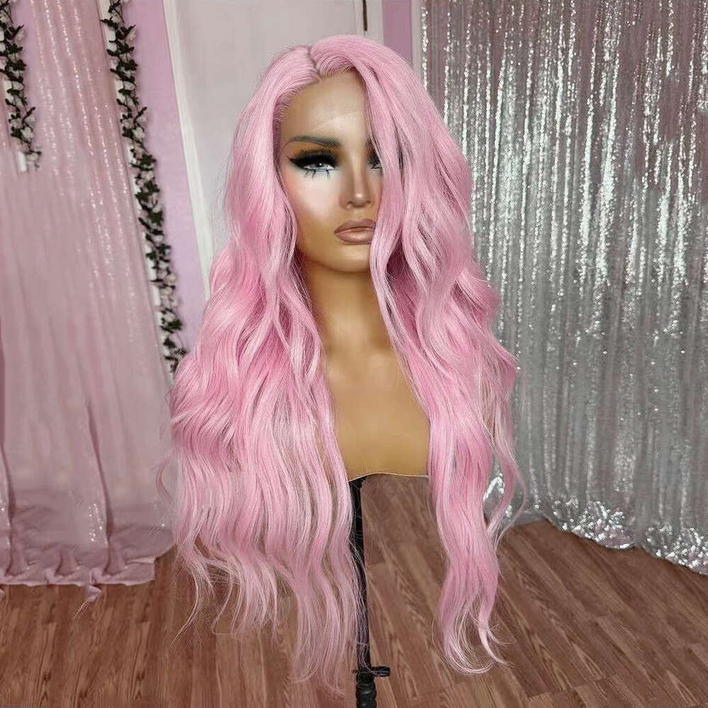 AIMEYA Long Wave Lace Front Wig Heat Resistant Synthetic Hair Daily Use Pink Wigs Natural Haire