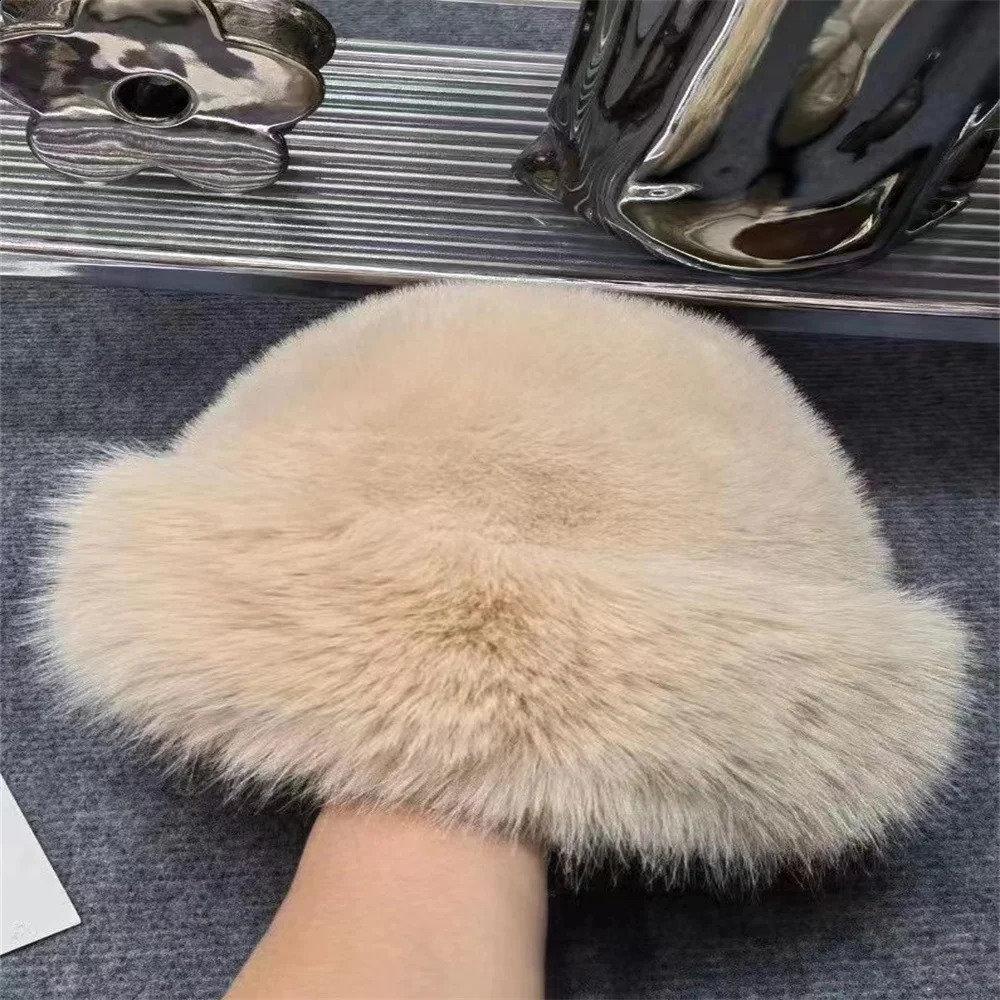 2023 Big Fluffy Faux Fur Bucket Hat for Women Plush Fisherman Warm Winter Thicken Cold Snowy Day Panama Cap 240906