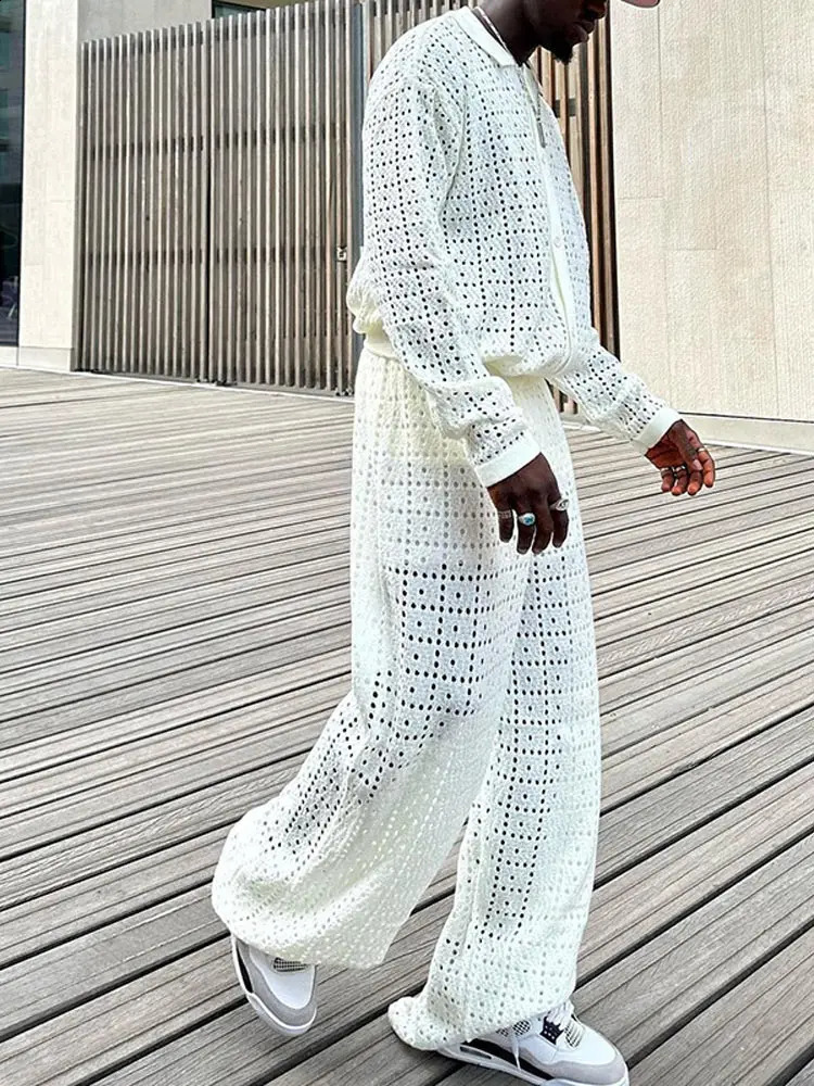 Fashion Solid Crochet Hollow Out Mens Pants 2 Piece Set Casual Lace Lapel Shirt With Wide Leg Trousers Suits Autumn Outfits 240909