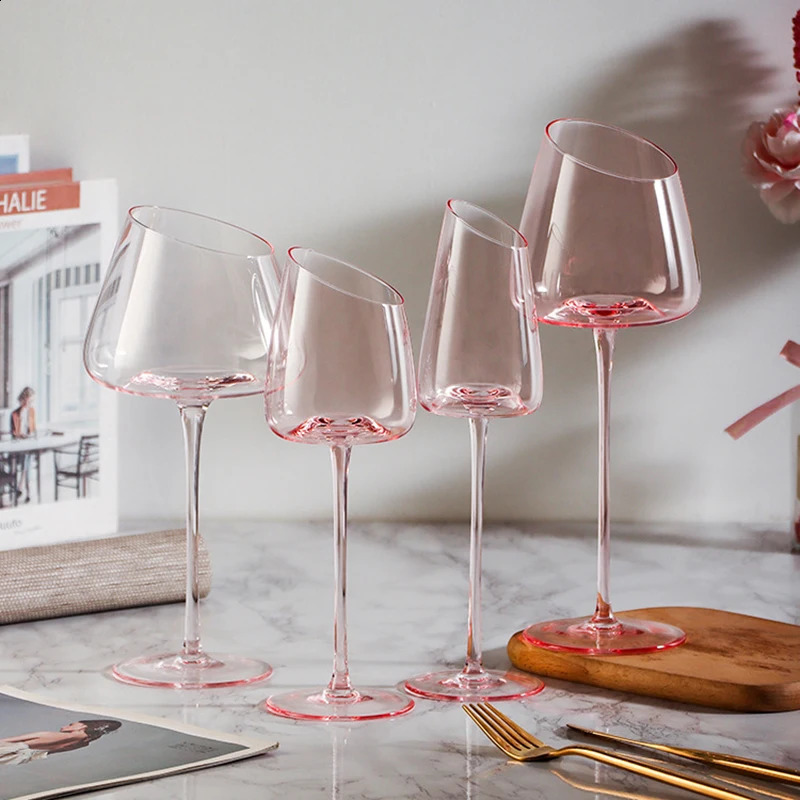 French Pink Flamingo Wine Glasses Set Crystal Glass Goblet Creative Inclined Mouth Concave Bottom Clear Champagne Wine Cup Blue 240913
