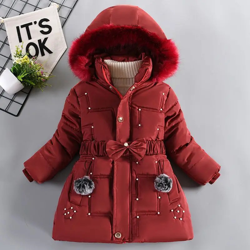 Thick warm winter girls jacket detachable hat plush collar apron childrens birthday gift 240903bj