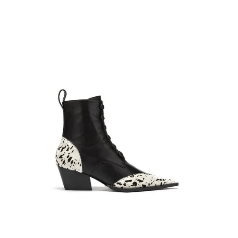 2024 Pointed Thick Heel Leopard Pattern Colorful Block Middle Heel Boots Personalized Side Zipper Middle Hat Boots 240914