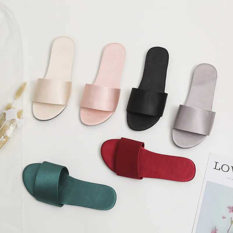 Summer New Home Slippers Fashion Flat Casual Satin Simulation Silk Slippers Indoor Non-slip Peep Toe Slides Wedding Flip Flops M250505