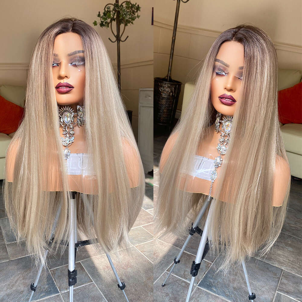 Strawberry Synthetic Hair Ash Blonde Roots Straight Lace Front Long And Natural Beautiful Everyday Wig Heat Resistant