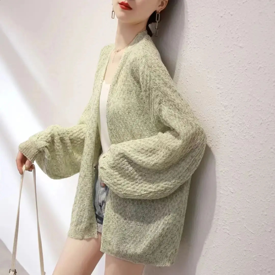 Sunscreen Thin Knitted Cardigan Summer Womens Fashion Loose Korean Version Lazy Lantern Sleeve Outer Outfit 240904