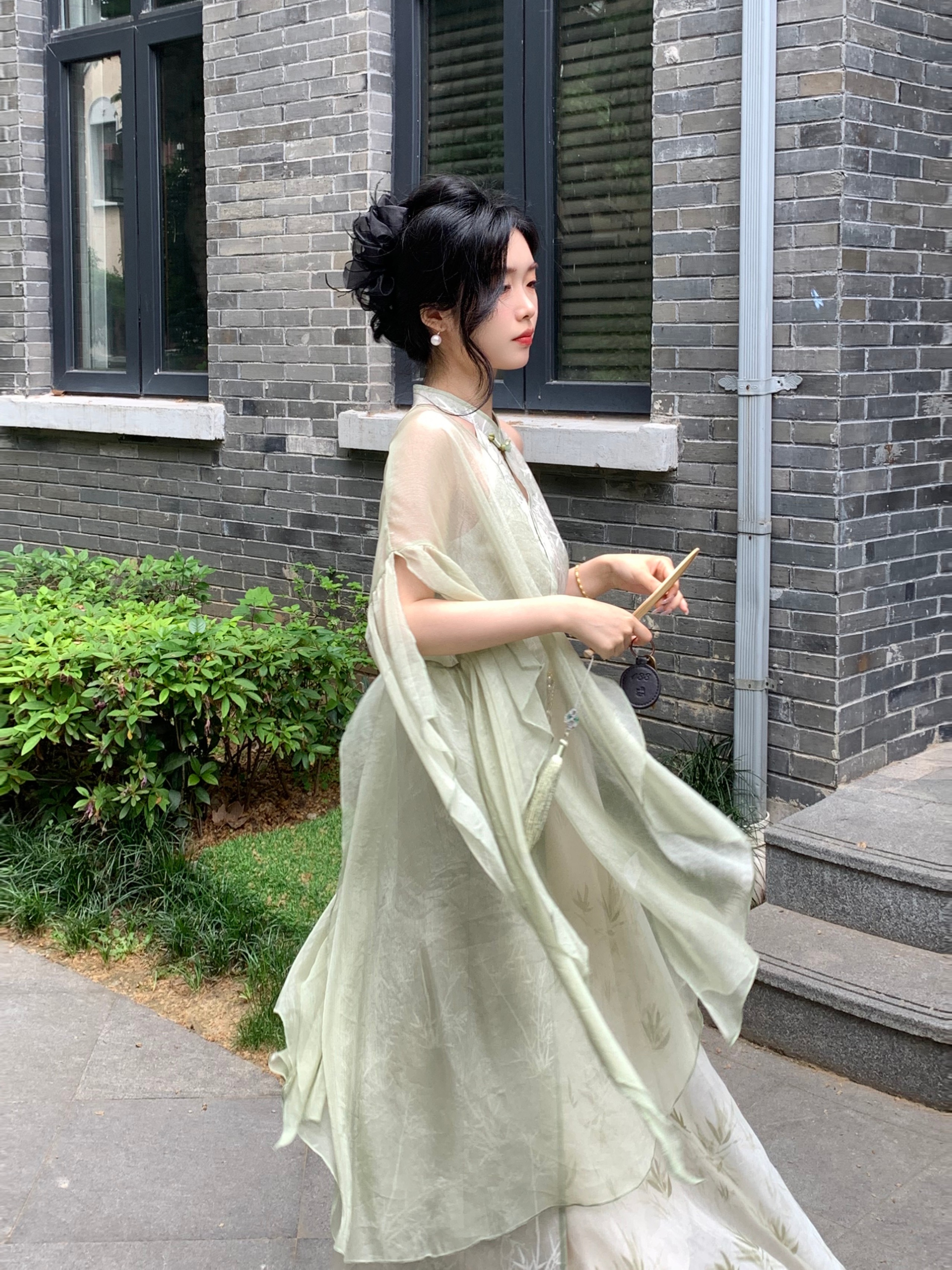 Blovelan Hanfu Style Cheongsam Dress - Bamboo Shadows Jacquard Print, Chinese Traditional Halter Neck Qipao