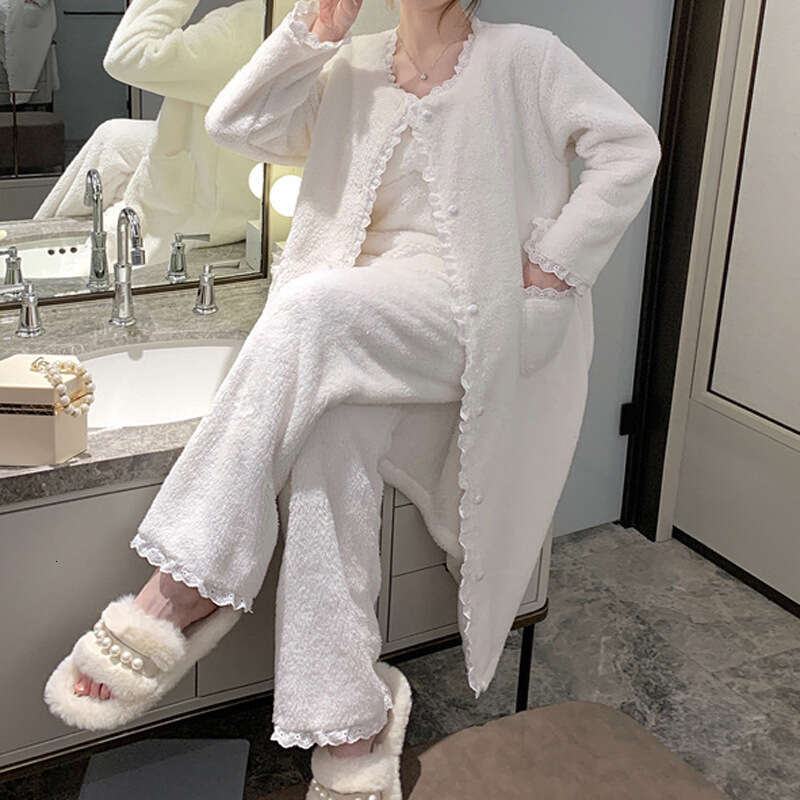 Winter Coral Fleece 3Pcs Pamas Set Women Sleepwear Flannel Long Sleeve Top Trouser Sleep Suit Casual Pyjamas Home Clothes