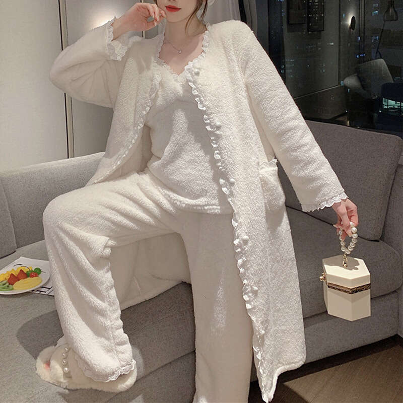 Winter Coral Fleece 3Pcs Pamas Set Women Sleepwear Flannel Long Sleeve Top Trouser Sleep Suit Casual Pyjamas Home Clothes