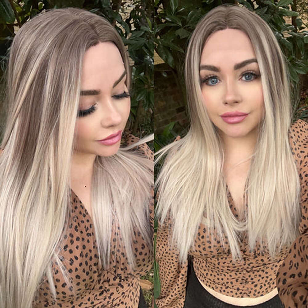 Lightest Blonde Balayage Synthetic Brown Roots Beautiful Heat Friendly Fibres Lace Front Wig Look Like Human Hair Glueless
