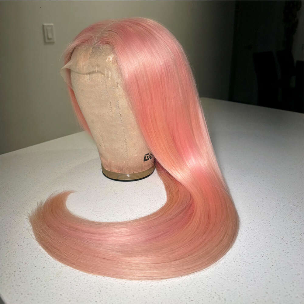 Human Hair Blended Light Pink Wigs Soft Silky Straight Lace Front Wig Heat Friendly Synthetic Fiber Women Cosplay/Party Wear