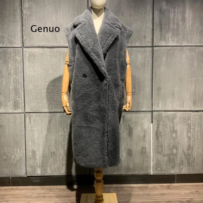 Teddy Gilet Winter Womens Teddy Bear Long Jacket Lapel Faux Wool Outerwear Female Sheep Fur Vest Gilets Coat 240911