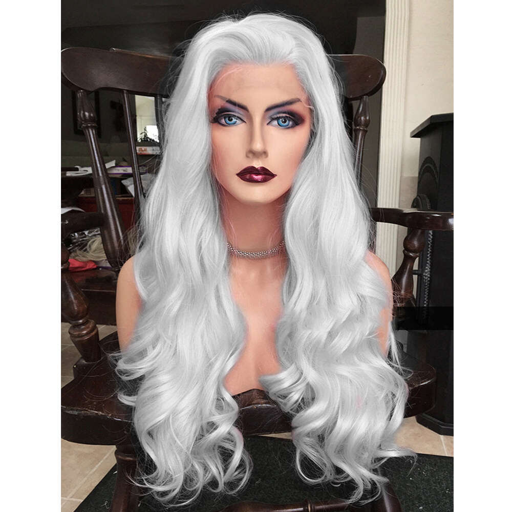 Premium Sier Front 26" Long Synthetic Wavy Heat Resistant Fibers Transparent Lace Wig Icy Blonde Human Hair Wigs
