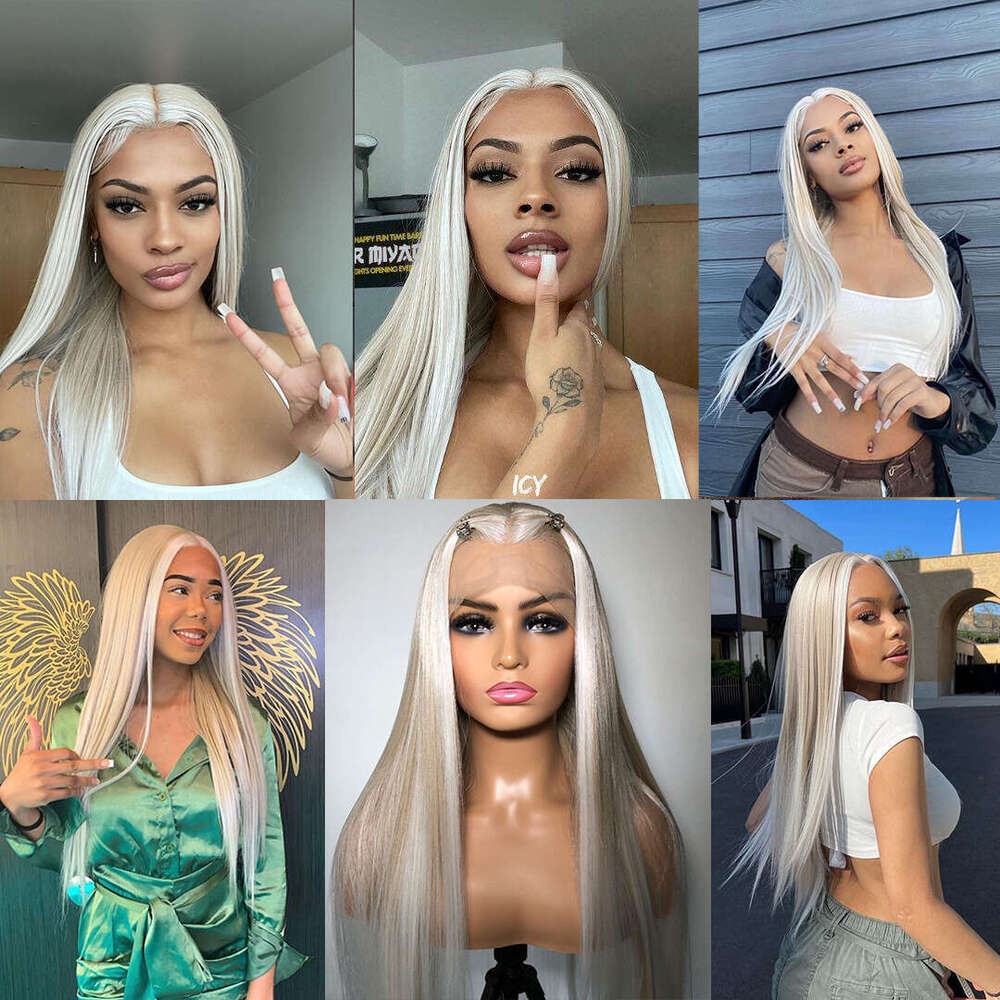 Ash Blonde White Balayage Highlights 28 Inch Long Wig Straight Center Parting High Density Lace Front Women Daily Wigs