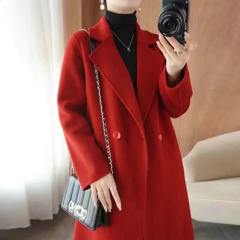 2024 Autumn 100 Double Sided Cashmere Coat Womens Winter Slim Temperament Wool Coats Solid Casual Female Long Overcoat 240905