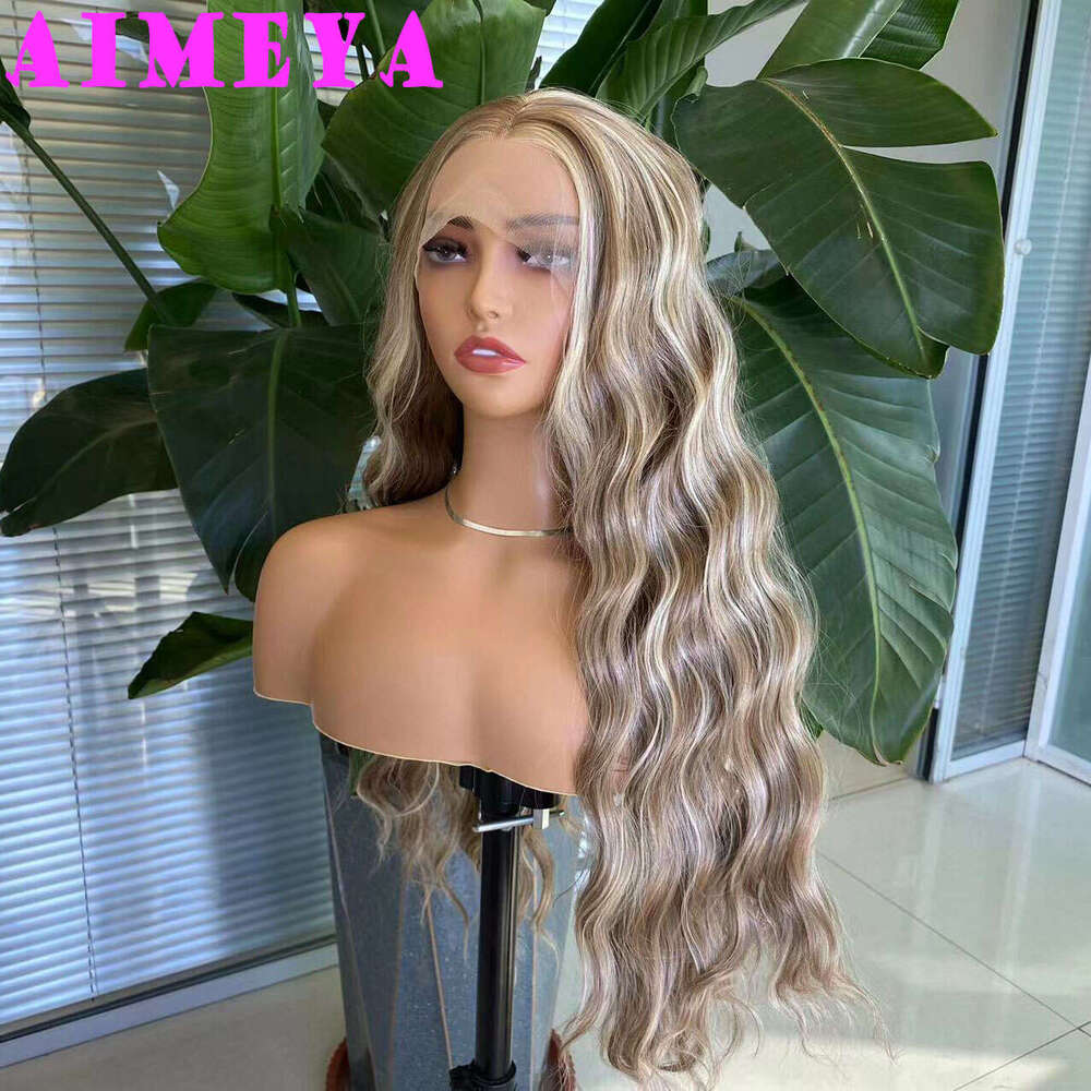 AIMEYA Brown Deep Wave Lace Front Synthetic Blonde Highlights Wig Natural Haire Daily Use Wigs Heat Resistant Fiber