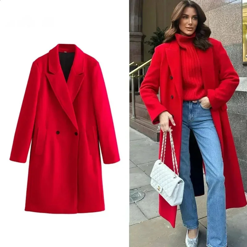 2024 Winter Thickened Womens Fashion Blended Long Coat Button Retro sleeved Loose Wool Style 240905