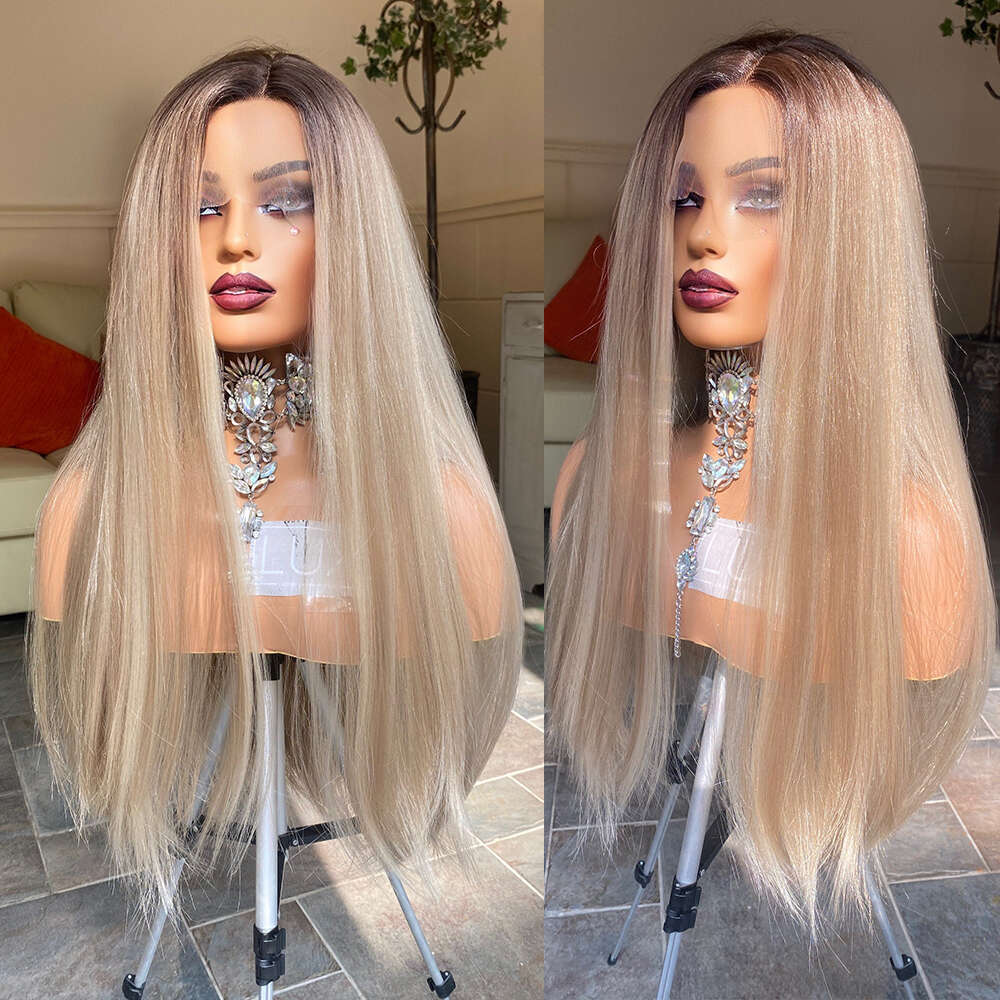 Strawberry Synthetic Hair Ash Blonde Roots Straight Lace Front Long And Natural Beautiful Everyday Wig Heat Resistant