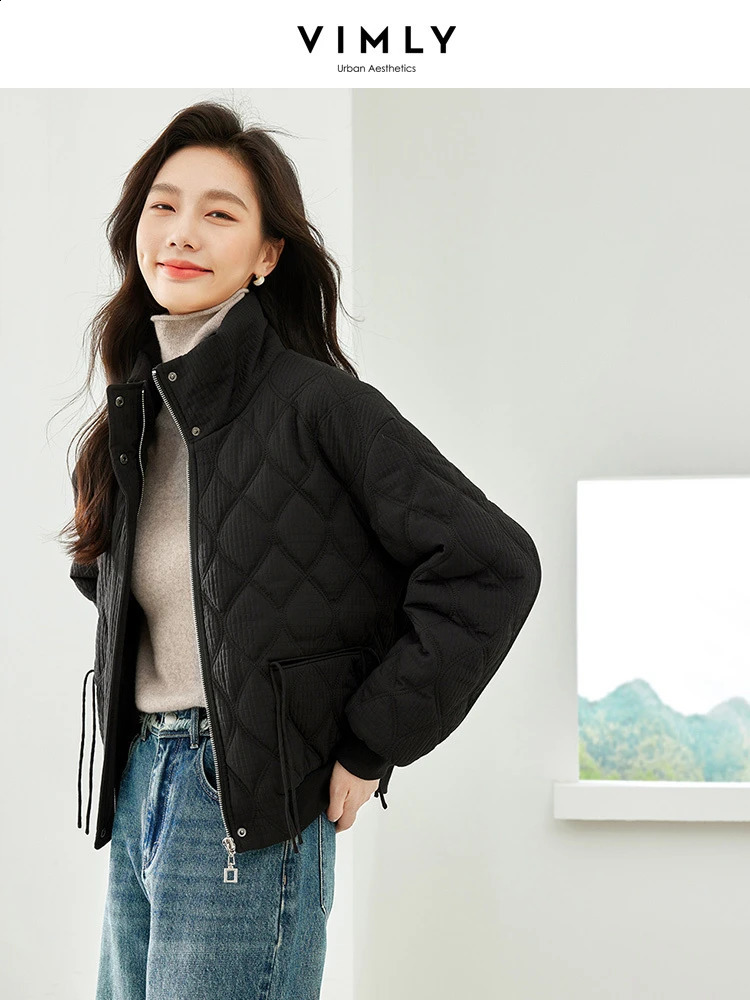 Vimly Cropped Argyle Quilted Jacket for Women Casual Straight Wide Loose Collar Zipper Thick Warm Winter Coat for Women M3613 240913