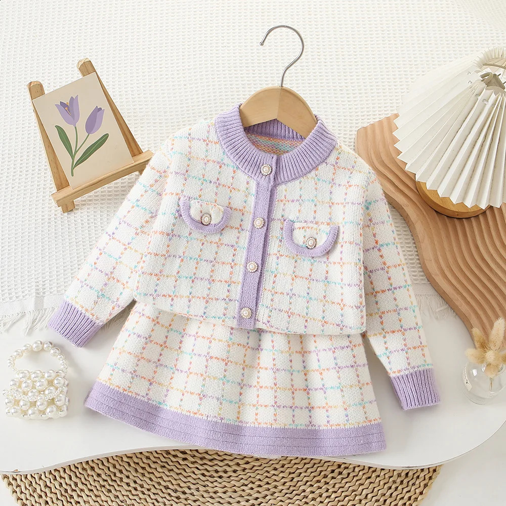 Girls ed Knitting Clothes Sets Girl Fall Winter Children Suits for 1-8Ys Kids 2Pcs Outfits Birthday Fashion Tweed Sets 240913