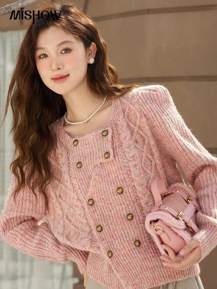 Mishhow wool blend cardigan womens autumn and winter loose round neck sweater double chest jumper MXC55Z0397 240906