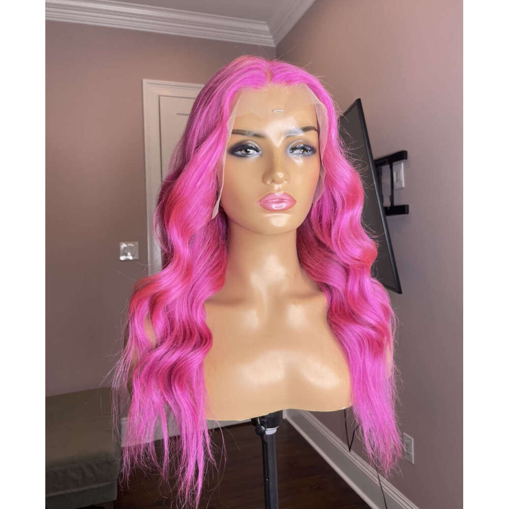 Gorgeous Pink Lace Front Wig Highest Quality Synthetic Material Heat Protected 28 Inch Long Wavy Human Hair Blended Women Wigs