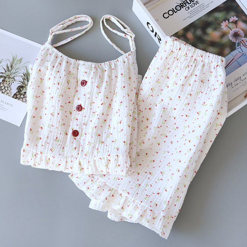 100% Cotton Women's Pama Set Woman 2 Pieces Spaghetti Strap Sleepwear Women Ral Print Pama Loungewea Slip Dress