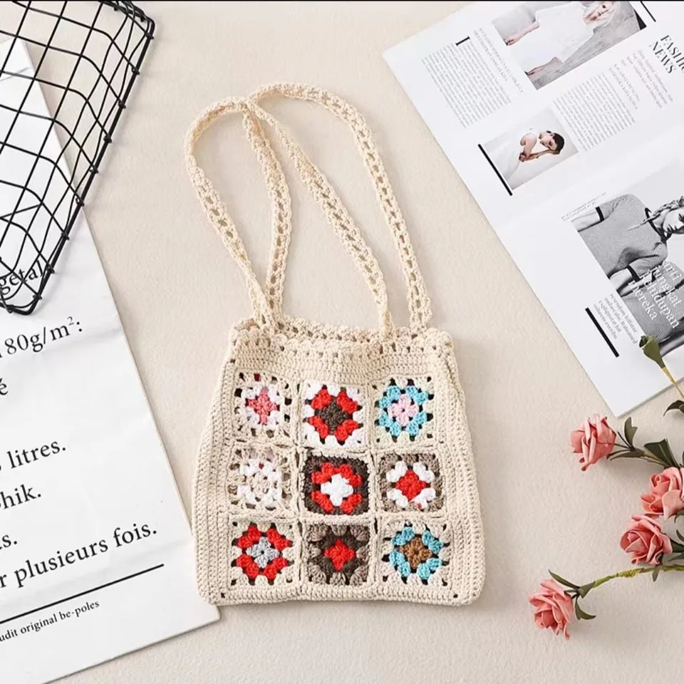 Bohemain Crochet Womens Shoulder Bag Grandma Square Handbag Casual Knitted Hand Woven Summer Beach Small Wallet 240913