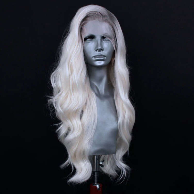 Icy Blonde Body Wave Synthetic Heat Resistant Mixed 10% Human Hair White Lace Front Wig #6 Roots 150% Daily Use