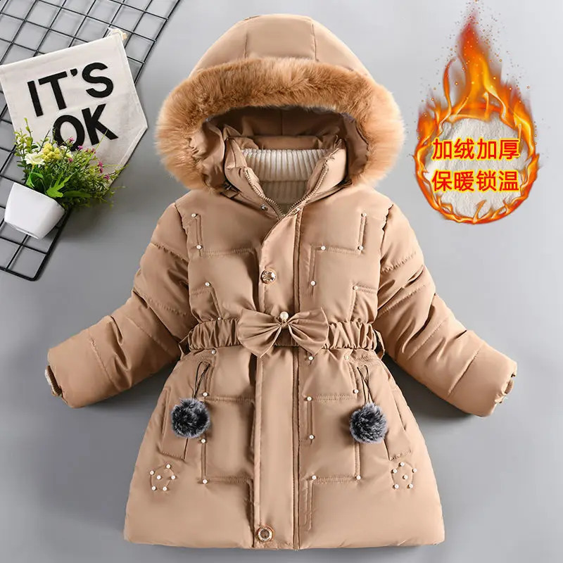 Winter Jacket Girls Parkas Green Hooded Children Thicken Warm Coat Cotton Padded Clothes Snow Wear For Kids 240905