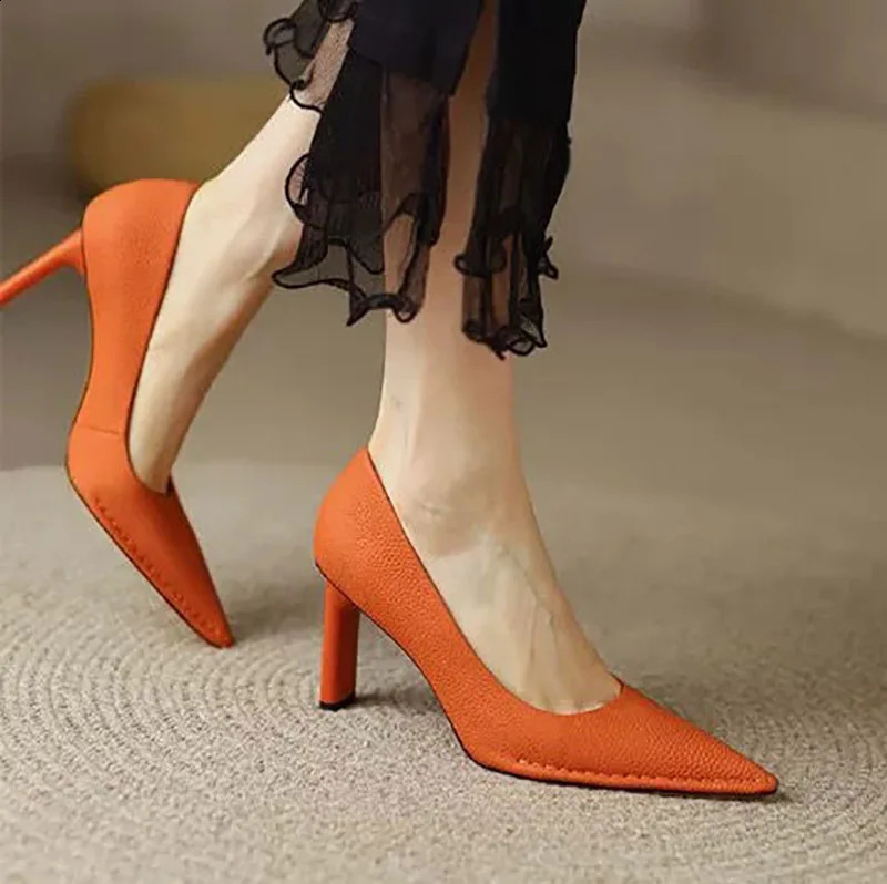 Womans Pumps Pointed Toe High Heels Dress Shoes Green Sewing Pumps Slip on Ol Office Lady Shoes Orange Boat Shoes 9728N 240904