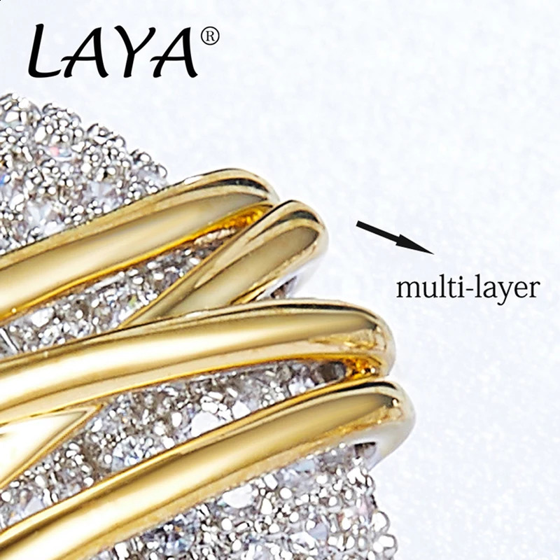 LAYA 100% 925 sterling silver fashionable retro light gold multi line sparkling zircon ring suitable for womens party exquisite jewelry 240912
