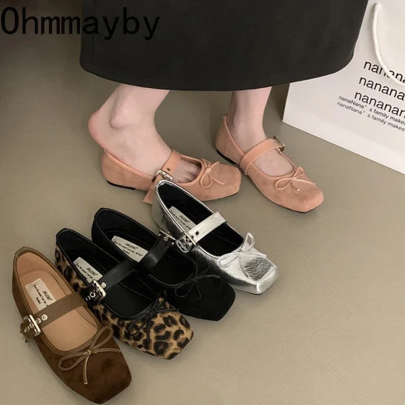 Leopard Print Women Mary Jane Shoes Fashion Shallow Butterfly-knot Flats Retro Style Ladies Comfort Soft Sole Ballerina Shoes 240904