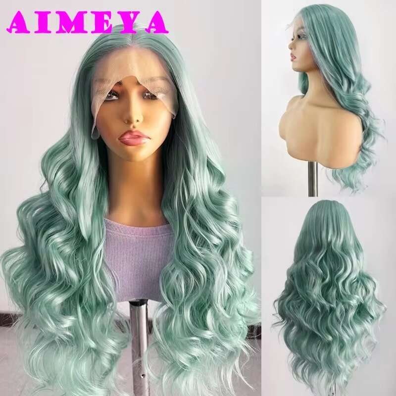 AIMEYA Sier Grey Synthetic Long Body Wave Front Light Gray Heat Resistant Hair Lace Daily Use Cosplay Wig