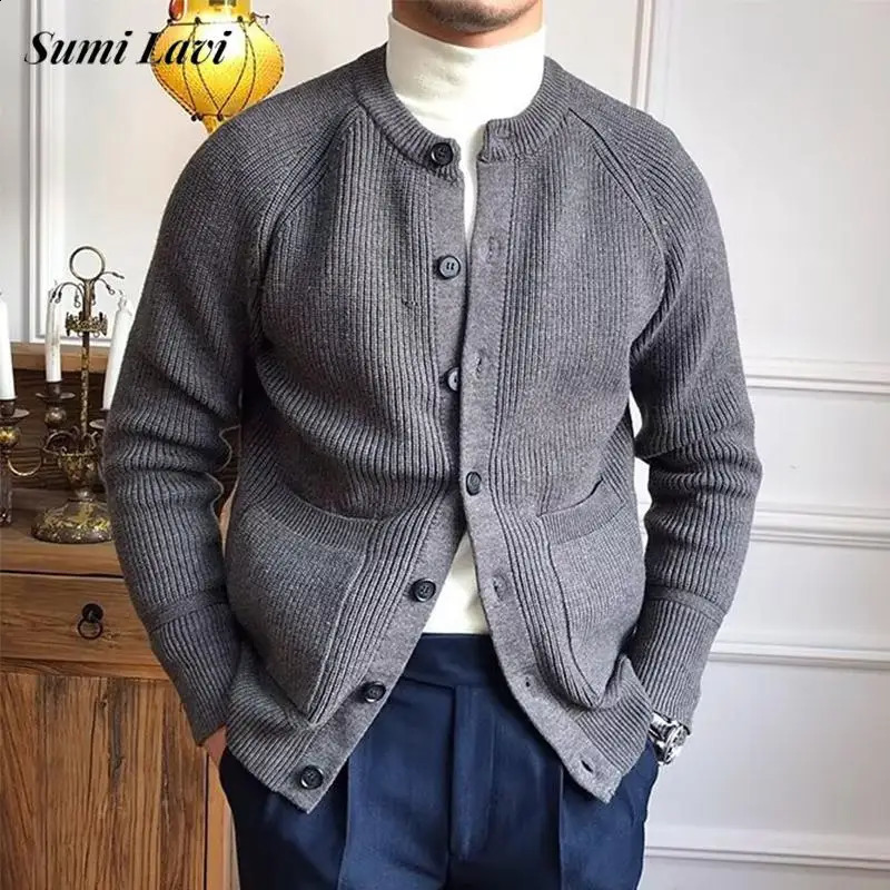 Fashionable mens sweater jacket autumn winter retro crew collar button knit cardigan casual 240906