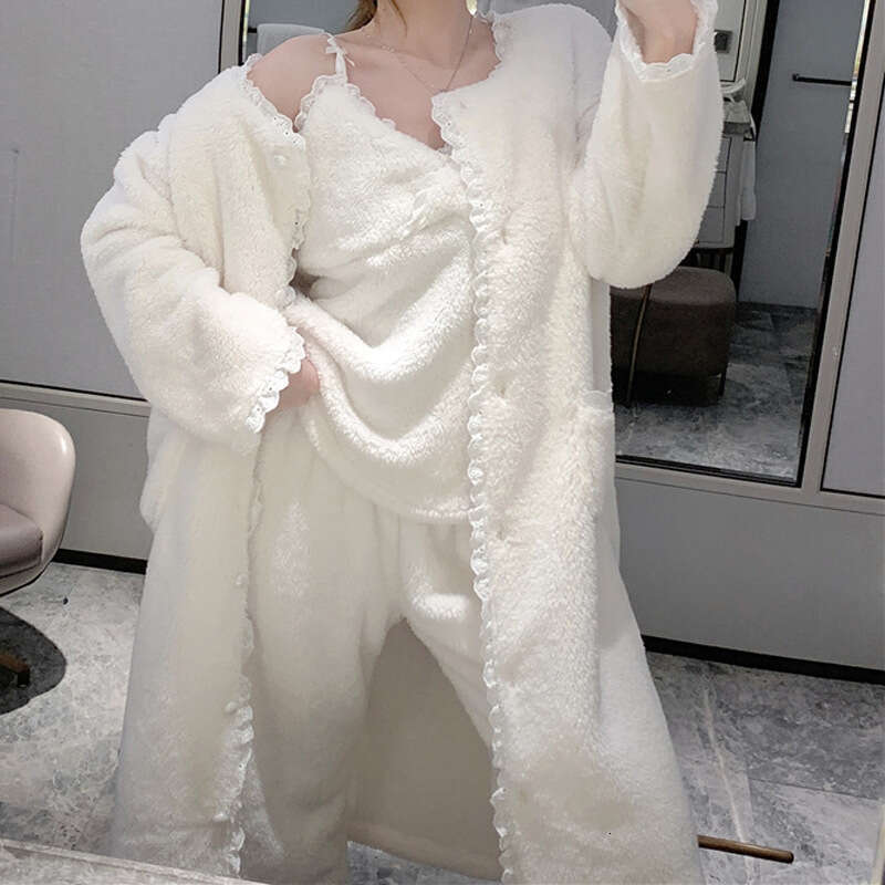 Winter Coral Fleece 3Pcs Pamas Set Women Sleepwear Flannel Long Sleeve Top Trouser Sleep Suit Casual Pyjamas Home Clothes
